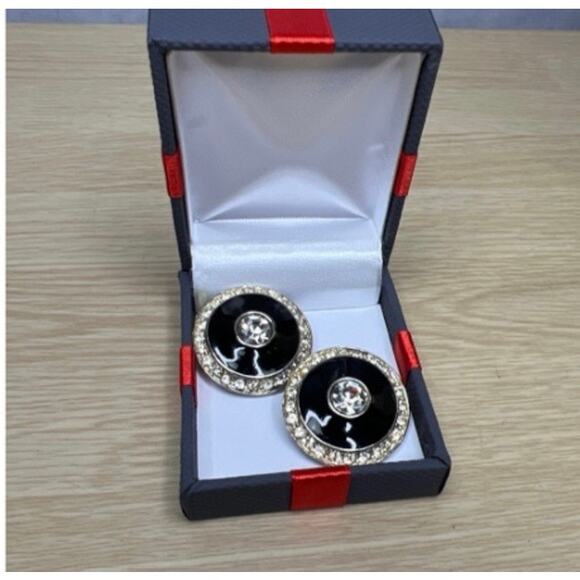 ELLEN DESIGNS Black Enamel & Rhinestone Clip-on Earrings Vintage - Picture 1 of 4